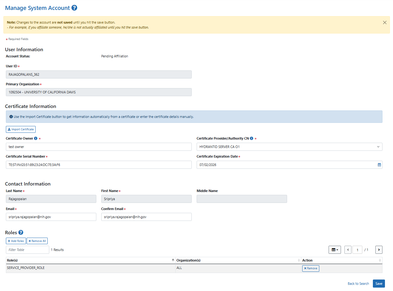 Screenshot of the Manage Commons Account screen